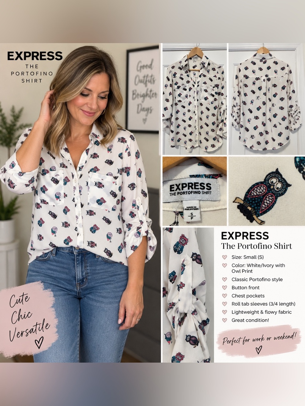 Express White Button-Down Shirt with Multicolor Owl Print-Small